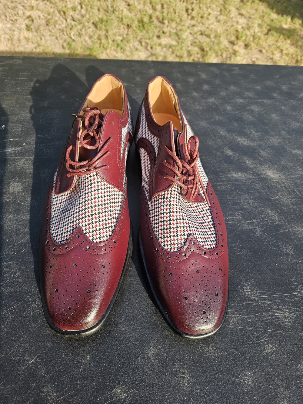 Men's Burgundy Wingtip Dress Shoes with Houndstooth Panel